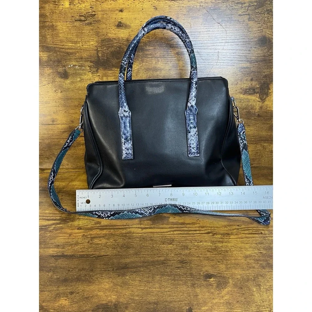 Christian Siriano‎ New York Black Faux Leather Satchel Tote Blue Python B1